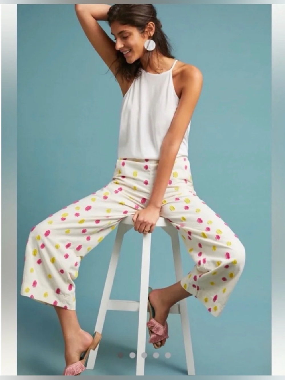 Anthropologie White Wide-Leg Pants with Pink & Yellow Spot Print - Picture 2 of 5